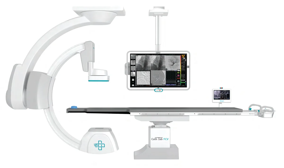 Allengers Proxima CS ceiling-suspended cathlab with patient table and 55-inch monitor
